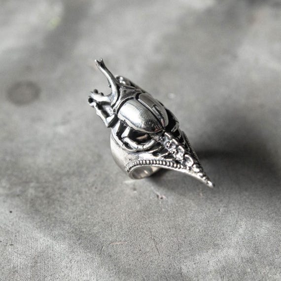 Silver Scarab Spine Ring – Gothic Biomechanical Silver Jewelry, Egyptian Beetle Talisman, Unisex Fantasy Statement Ring