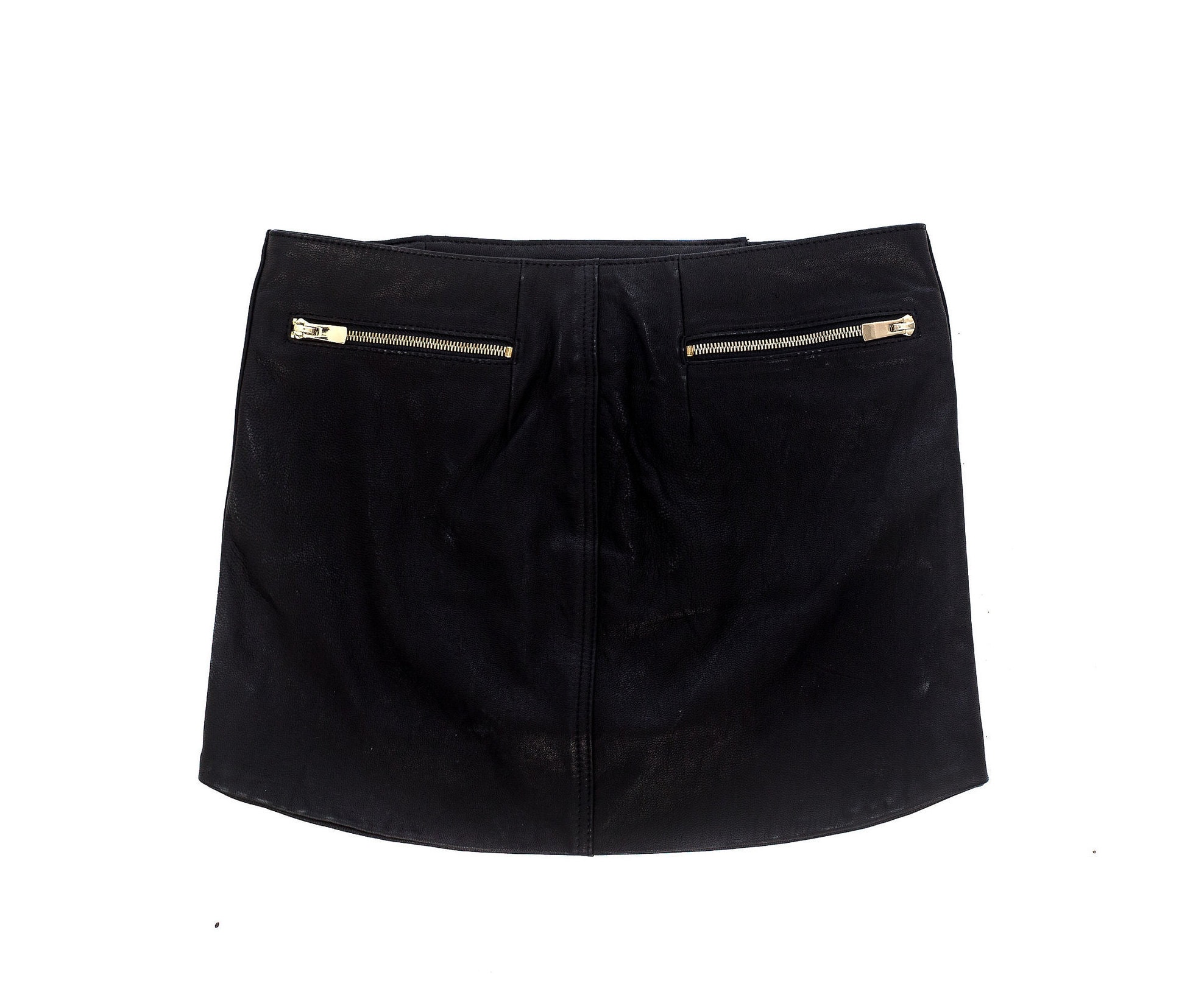 Gold Zipper Black Leather Moto Hi-Lo Mini Skirt