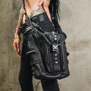 Tech 6 Bolso tipo cubo de cuero negro I Bolso de hombro convertible Bolso hobo Bolso con asa superior Bolso bandolera