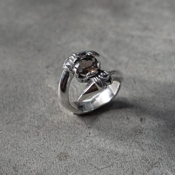 Smoky Quartz Gothic Claw Spike Ring with 925 Sterling Silver Band