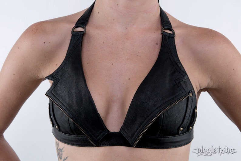 NIGHT RIDER Black Leather Halter Top Bra image 4