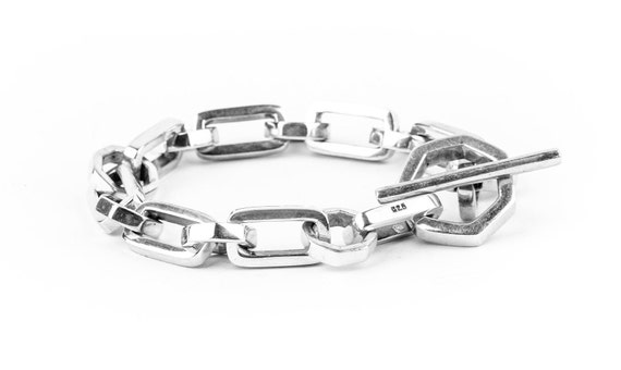 Silver Hexagon Rectangle Link Bracelet, Solid Sterling Silver Bracelet, 925 Silver Chain