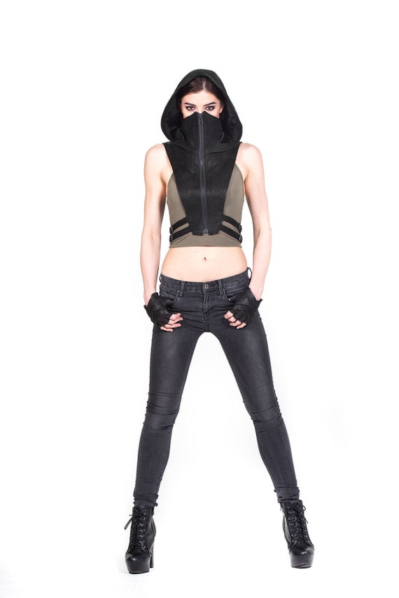 NINJA KOMBAT HOOD Techwear Crop Top Vest in Jet Black Canvas