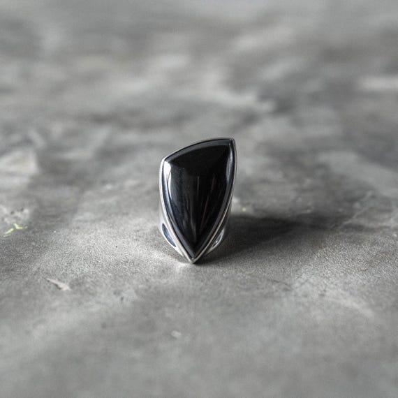 Axis Nero -Obsidian Geometric Cut Gemstone Statement Ring with Silver Bezel, Modern Gothic Design, and Striking Angular Silhouette