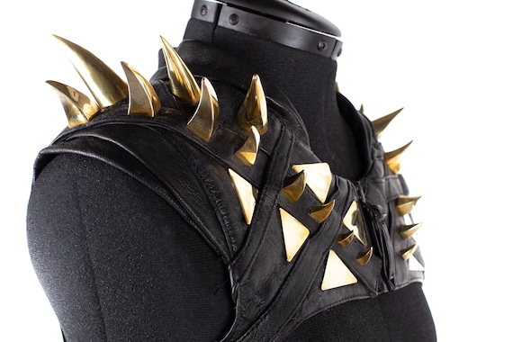 Mad Royal Gold Metal Spike Black Leather Futuristic Shoulder Piece