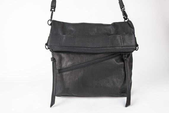 Tech 14 Black Leather Unisex Fold Over Bag Crossbody Messenger Bag Backpack I Flap Bag I Extra large purse I Long tote I Crossbody tote