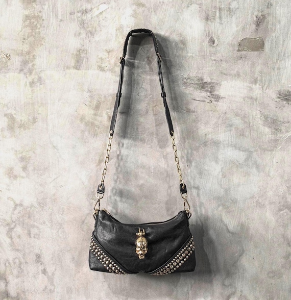 Gold Skull Bag – Black Leather Crossbody Purse with BrassHardware