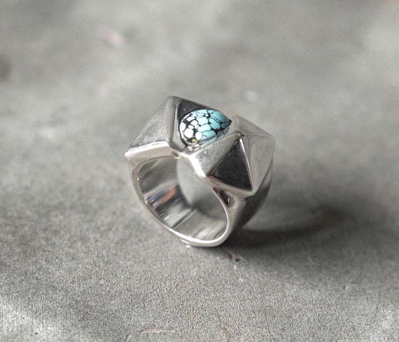 Geometric Minimal Turquoise Ring in 925 Sterling Silver, Boho Statement Ring, Handmade Natural Turquoise Gemstone Bohemian Style