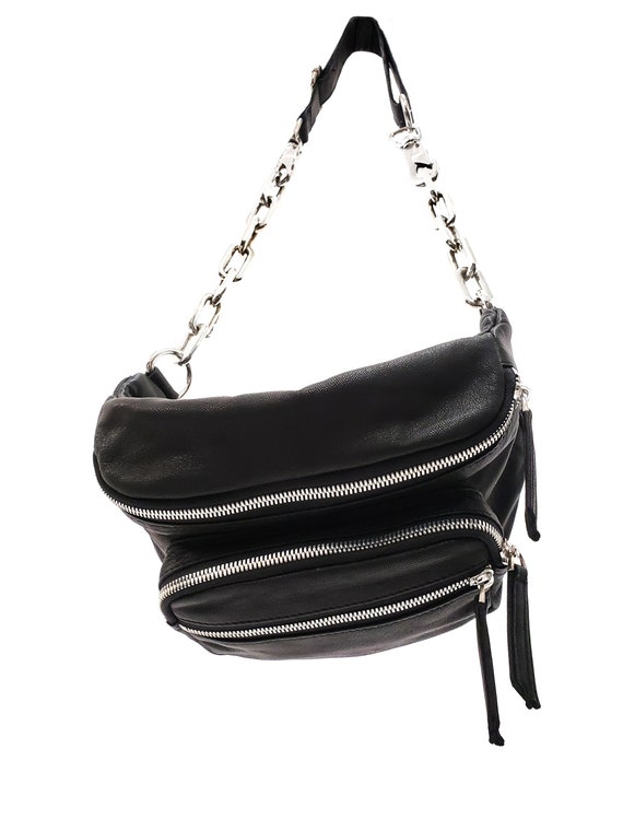 black sling bag with silver chain