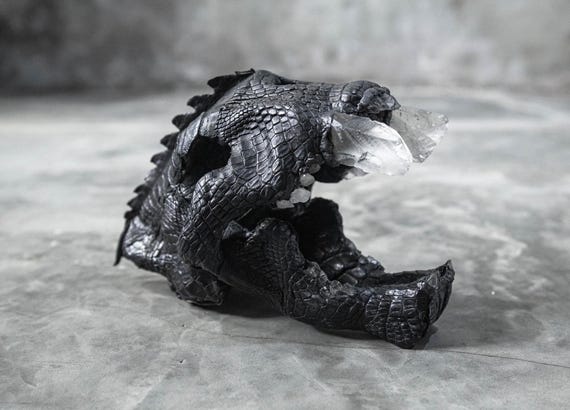 Saber Tooth Tiger Skull Replica with Black Leather and Crystal - Handmade Gothic Fantasy Decor