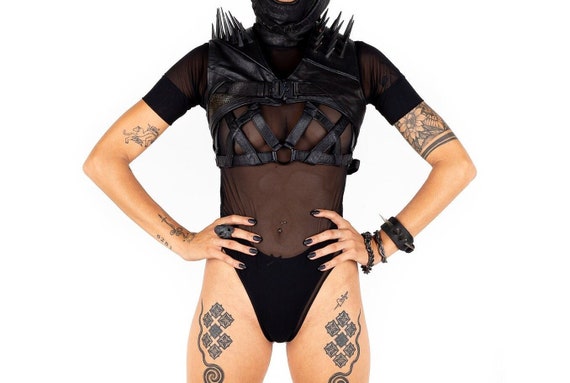 Nightmare Spike Projection Mid Leather Crop Top Shoulder Piece with Matte Black Spikes