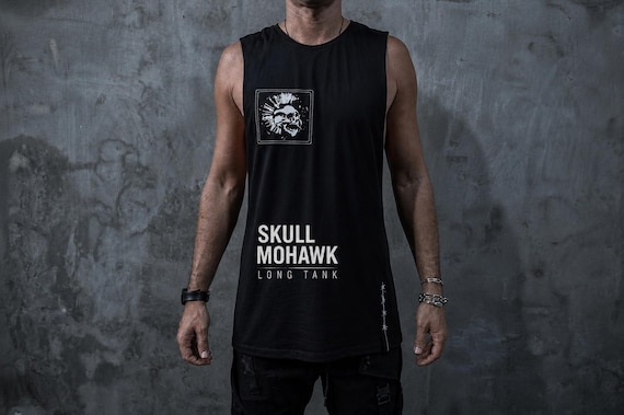 Skull Mohawk Longline Tank – Mens Black Tank / Goth Tank Top / Punk Streetwear Sleeveless Shirt / Dark Festival Clothing / Tech wear Fashion