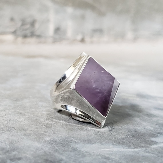 Amethyst Crystal Pyramid Unisex Silver Ring