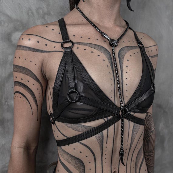 Veilframe Harness Top – Soft Leather Strappy Bra, Gothic Fetish Dark Fashion Streetwear