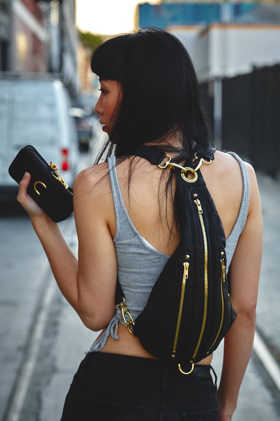 TRI ZIPPER Black Leather Hip Bag Backpack and Fanny Pack w/ Gold