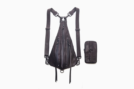 TRI ZIPPER Black Leather Backpack with Black Accessories/ Utility Pack and Hip Bag