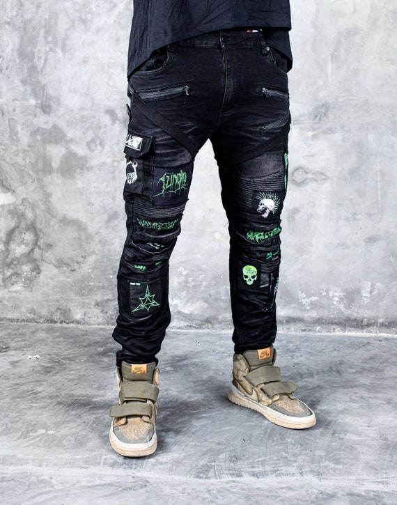Cheap Grunge Punk Streetwear Star Print Big Pockets Cargo Jeans
