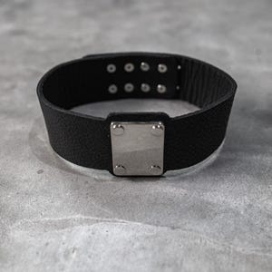 May include: A black leather choker with a silver metal plate and adjustable buckle.