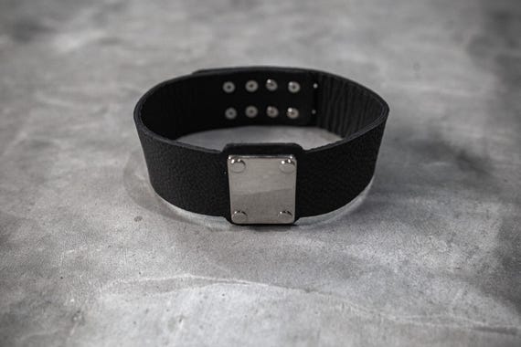 Black Choker With Silver Metal Plate – Adjustable Leather Collar Necklace, Punk Streetwear Handmade Statement Jewelry, Unisex design