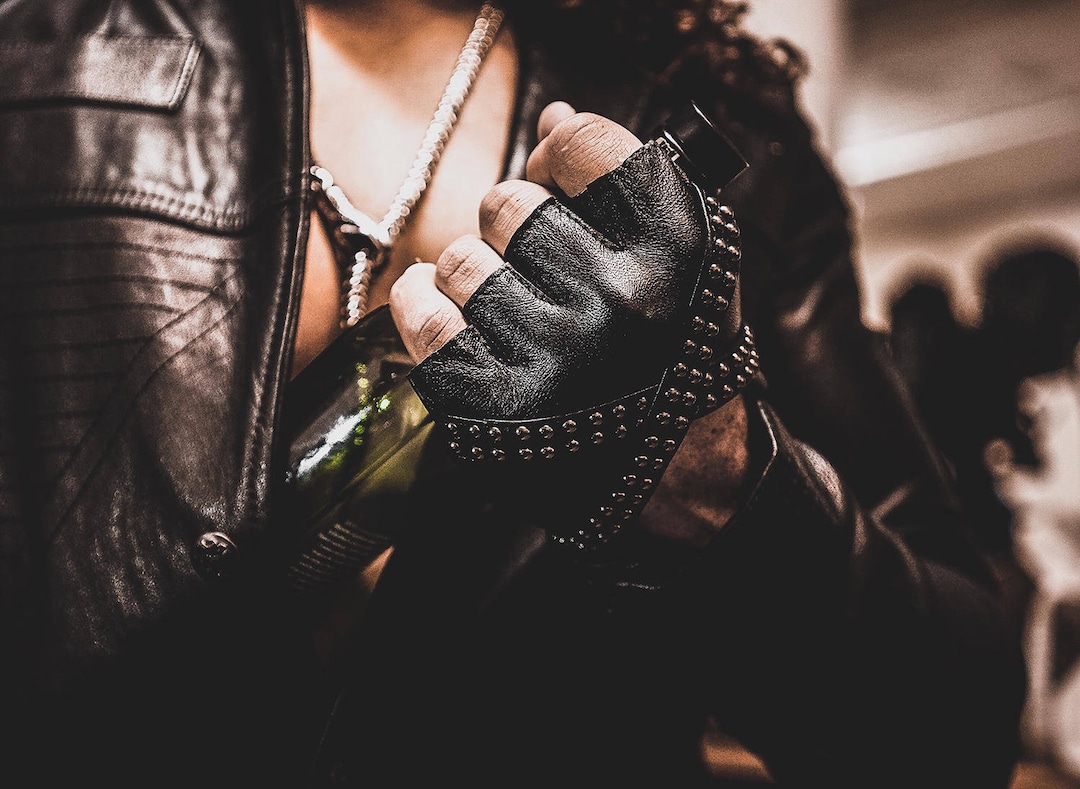 X GLAM Studded Black Leather Fingerless Gloves - Etsy