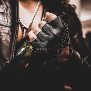 X GLAM Studded Black Leather Fingerless Gloves
