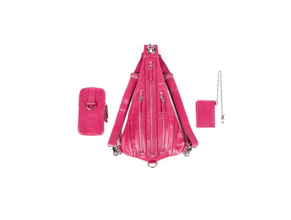 Tri Zipper HOT PINK Leather with Silver Hardware Backpack Fanny Pack and Hip Bag