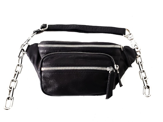 Silver Chain Reaction Fanny Pack Crossbody Sling Bag Black Leather