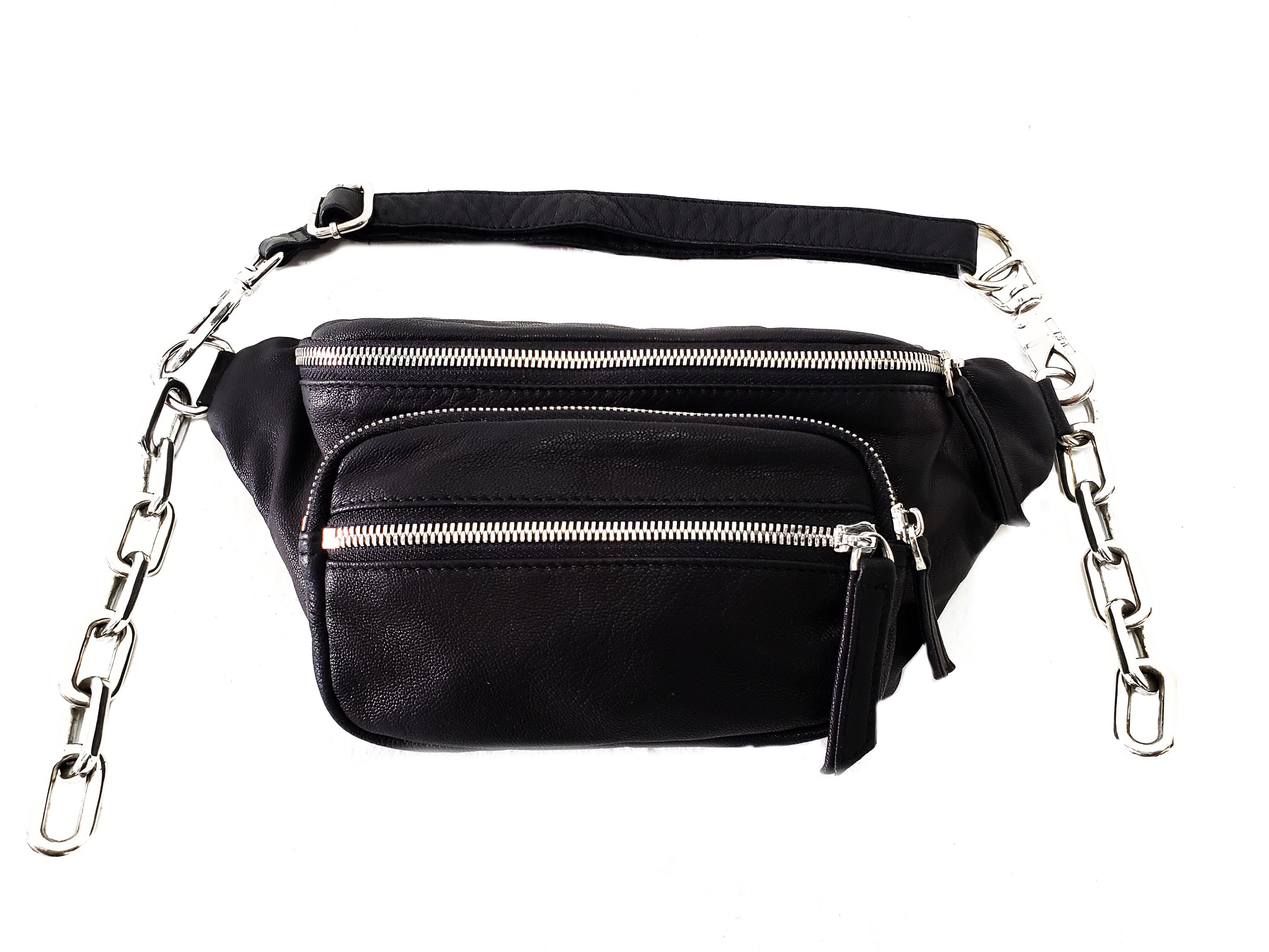 Designer Fanny Pack Bag Stylish Black HandBag Pouch Silver Chain Adjus –  Travell Well