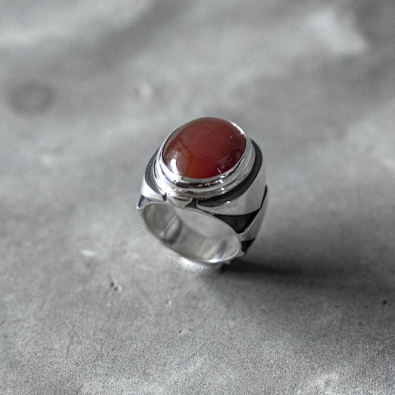 Carnelian Chevron Oval Sterling Silver Ring