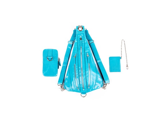 Turquoise Tri Zipper Back Pack Convertible Sling Bag Shoulder Bag