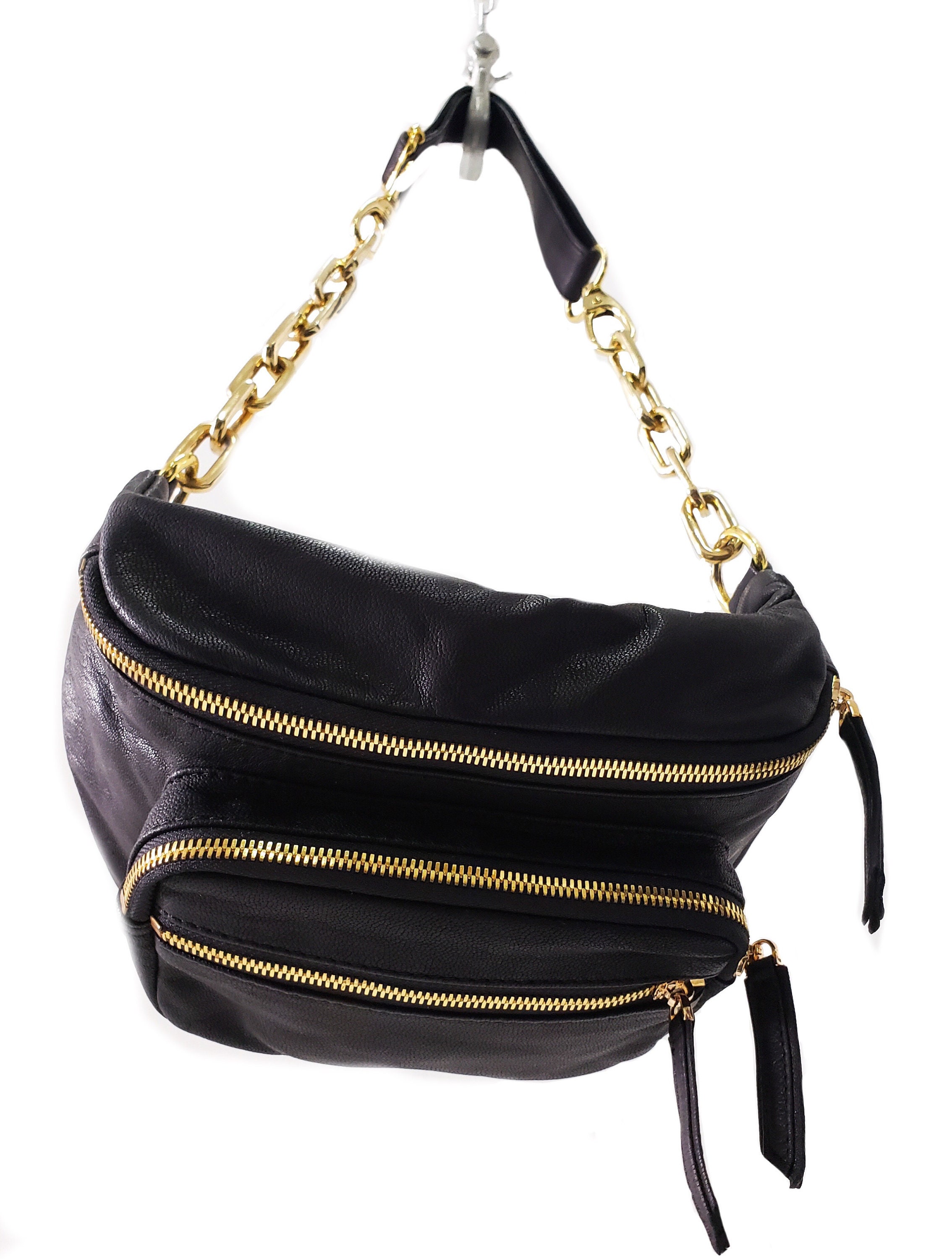 Black Checked Sling Bag With Golden Chain