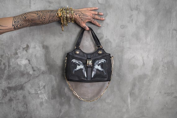 Snake In The Grass Black Leather Chain Strap Bag with Dual Snake Print, Edgy Gold Hardware Shoulder Bag, Alternative Fashion Accessory