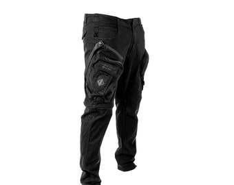 Tech 13 Cargohose und Zip Off Shorts mit mehreren Taschen I Schwarz auf Schwarz I Techwear Hose I Cyberpunk Hose I Streetwear Jeans