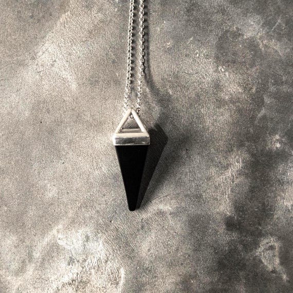Black Onyx Triangle Necklace – Sterling Silver Geometric Gemstone Jewelry, Gothic Talisman Pendant