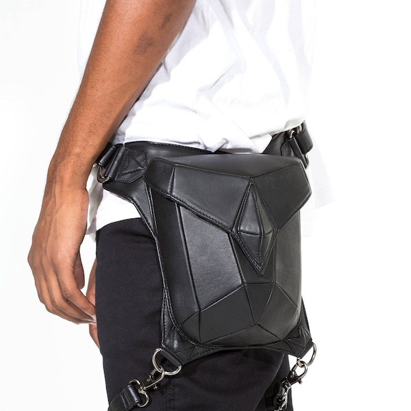 METRIC RAVEN Schwarz Leder Holster Schulterrucksack und Hüfttasche