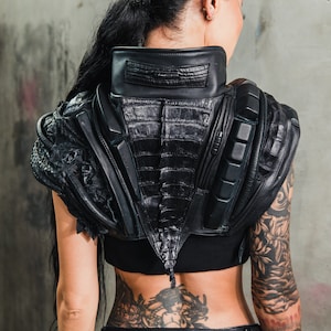 Nightmare Deception Black Leather Shoulder Piece I Crop Top I Womens Vest I Epaulette I Festival Top I Womens Festival Clothing