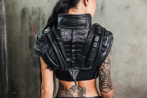 Nightmare Deception Black Leather Shoulder Piece I Crop Top I Womens Vest I Epaulette I Festival Top I Womens Festival Clothing