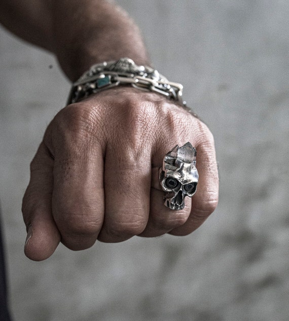 Crystal or Tourmaline Crowned Skull Ring in Solid Silver with Topaz Eyes, Mens Silver Ring, Silver Skull Ring