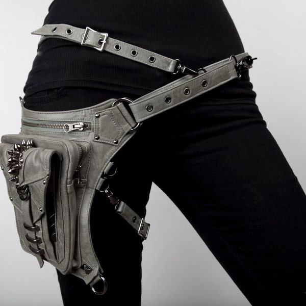 SHARK BITE Leather Holster Utility Shoulder and Hip Bag in Gray Chartreuse