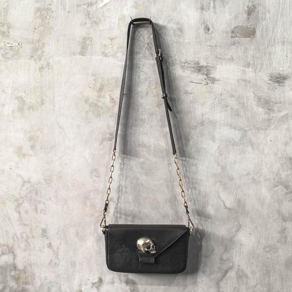 Gold Brass Skull Purse Clutch Crossbody Bag in Black Leather