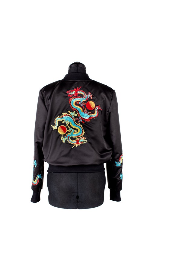 Dragon Fantasy Black Satin Silk Bomber Jacket