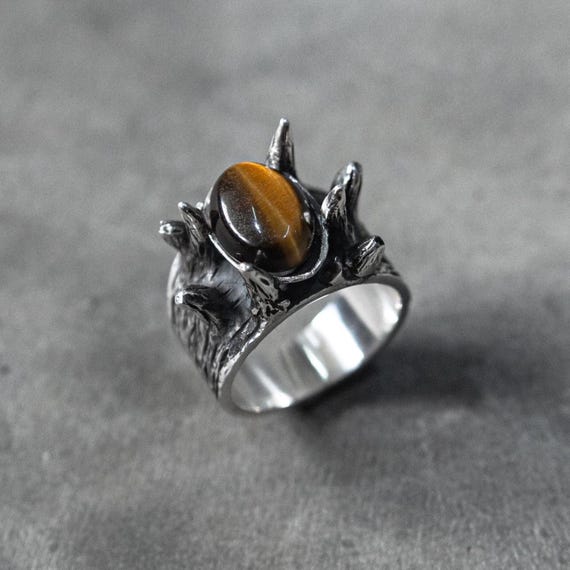 Tiger Eye Crown of Spikes — Handmade Oxidized 925 Silver Ring, Natural Tiger’s Eye Gemstone