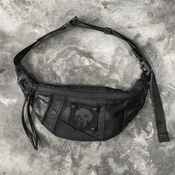 Nightfall Fanny Pack – Black Leather and Canvas Waist Bag with Back Pocket