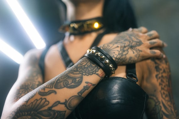 BLACK on GOLD Single Row Leather Metal Studded Cuff Punk Bracelet