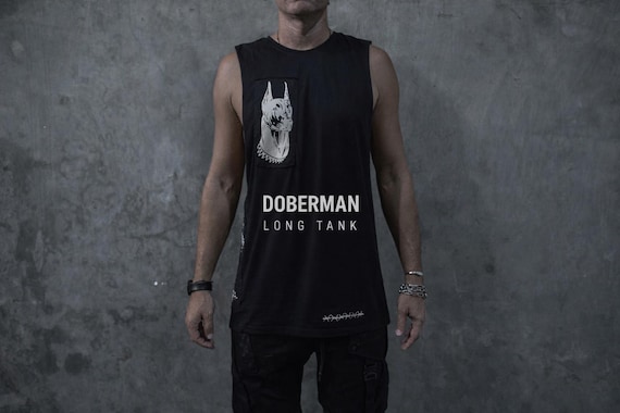 Doberman Tank – Mens Black Longline Tank Top / Goth Streetwear Unisex Sleeveless Shirt with Barbed Wire/Festival Clothing / Avant Garde Punk
