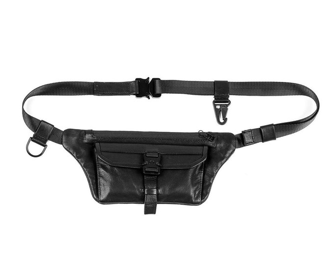 Minimal Edge Black Leather Tech Wear Waist Bag and Sling Bag Passport Holder