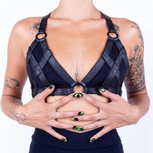 Shadowcage Leather Harness Top, Soft Black Strappy Bra, Adjustable Back, Crisscross Front, Gothic Altwear, Handmade to Order
