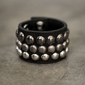 TRIPLE CUFF Black Leather Studded Bracelet Cuff