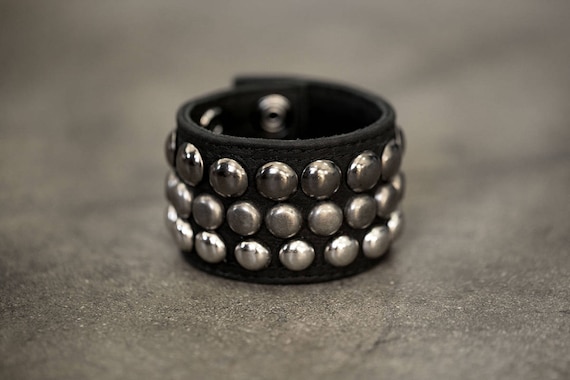 TRIPLE CUFF Black Leather Studded Bracelet Cuff