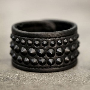 BLACK on BLACK Leather Metal Studded Cuff Punk Bracelet